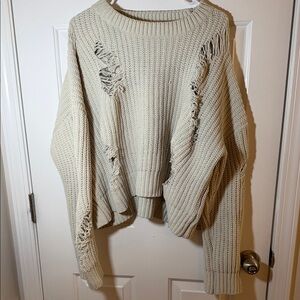 POL Cream Distressed Knit Sweater